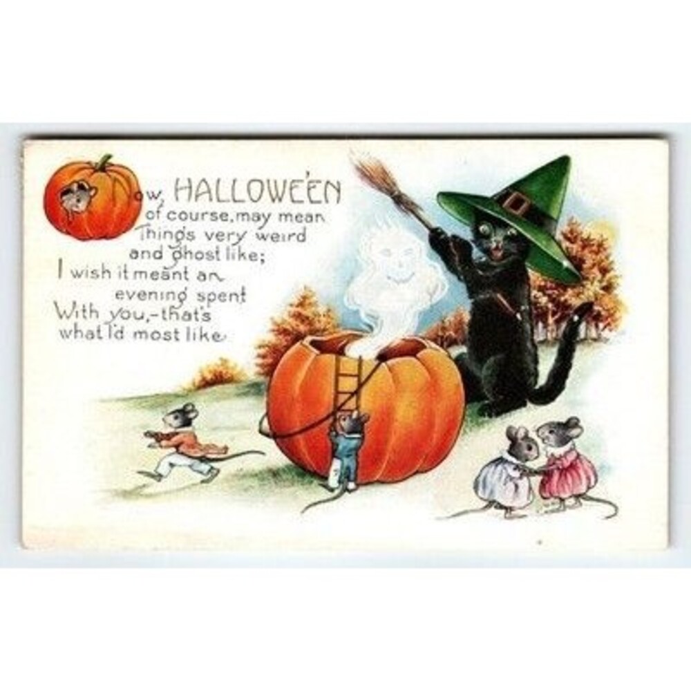 Halloween Postcard Black Cat Witch & Mice Pumpkin Divided Back Ghost Whitney